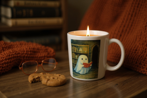 Limited Edition: 👻🎃📖 Bookish Ghost Mug, Wooden Wick Candle